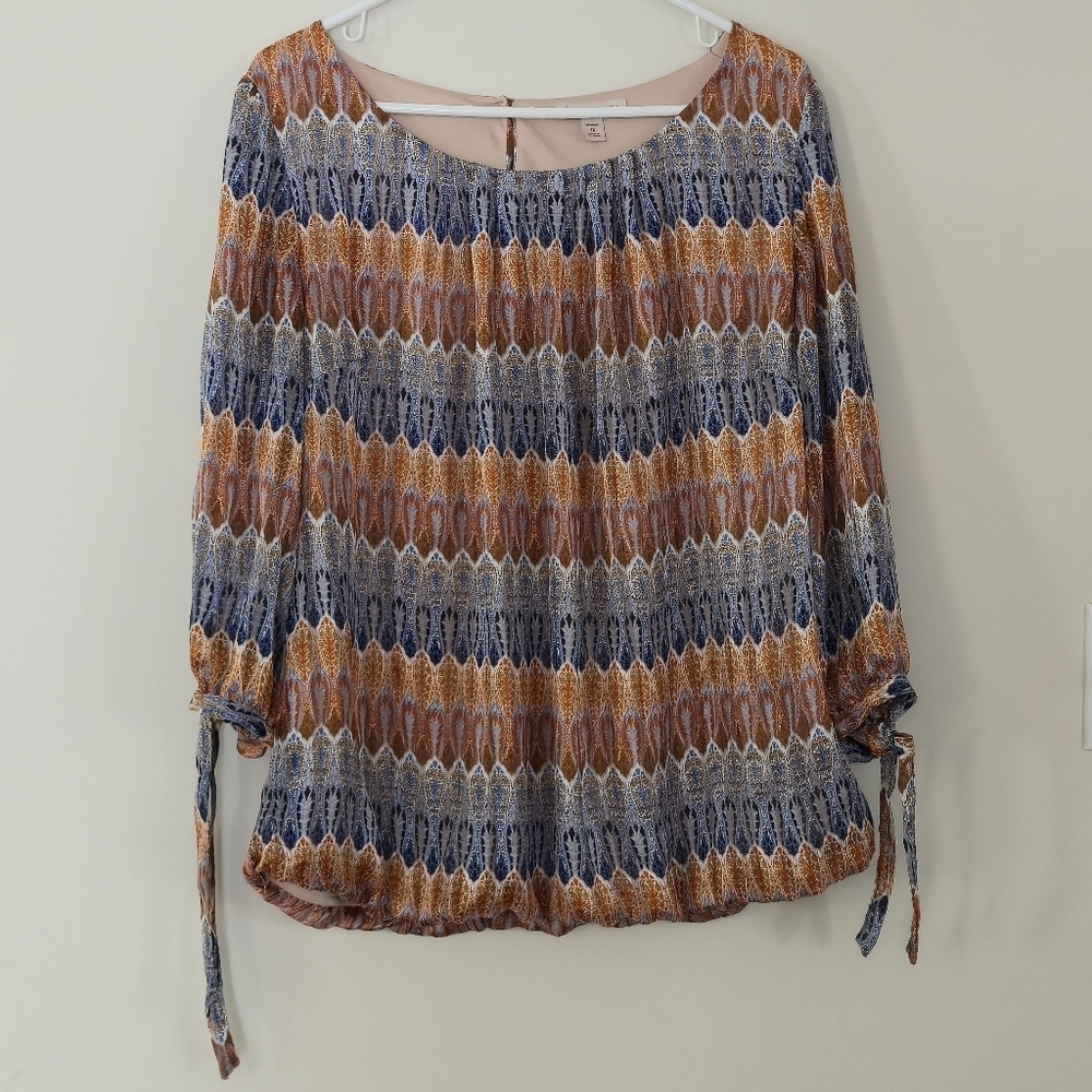 CJ Banks 1X Blue Orange Paisley Bubble Hem Blouse Tie Sleeve Boho Plus Size